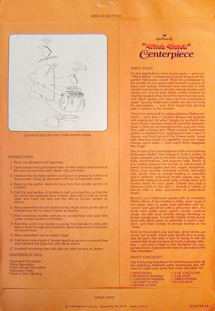 Back of envelope for Witch Watch Centerpiece by Hallmark copyright 1980 is shown here for a timeline that researches a timeline for vintage collectible based on package design for The Halloween Retrospect, Volume 3 guidebook series.