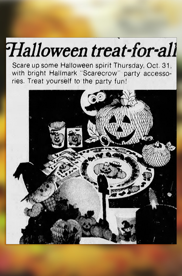 Halloween Treat for All is an old newspaper advertisement from Nevada State Journal (1974) that shows two honeycomb pieces for Halloween by Hallmark. 