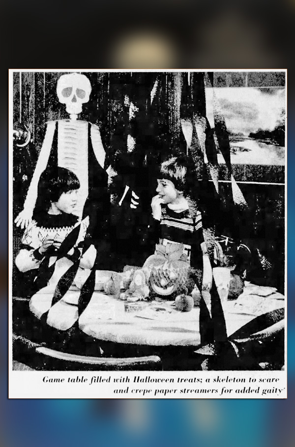 Hallmark Skeleton Home Decoration and honeycomb pumpkin centerpiece are shown in this article from 1977 of The Reporter Dispatch - to offer date identification for vintage collectibles for future release of The Halloween Retrospect's research library book series of Volume 3.