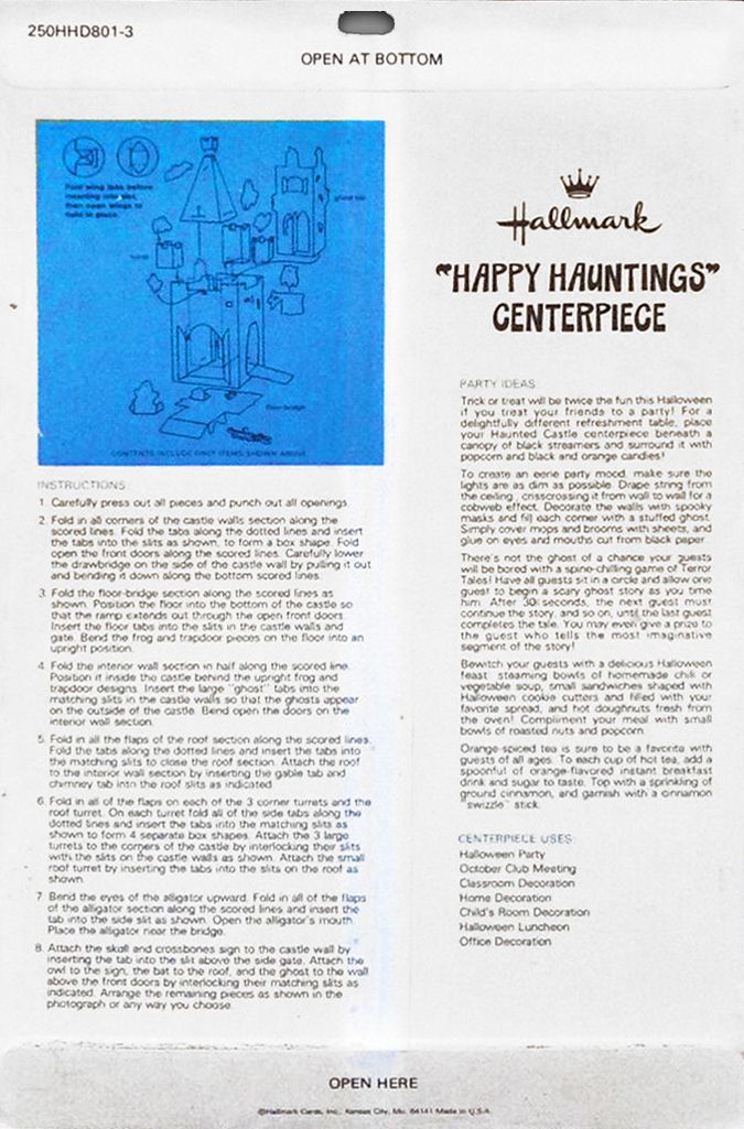 Back envelope for Happy Haunting Centerpiece by Hallmark is an example of 1970's packaging design for vintage Halloween collectibles (The Halloween Retrospect archive library).