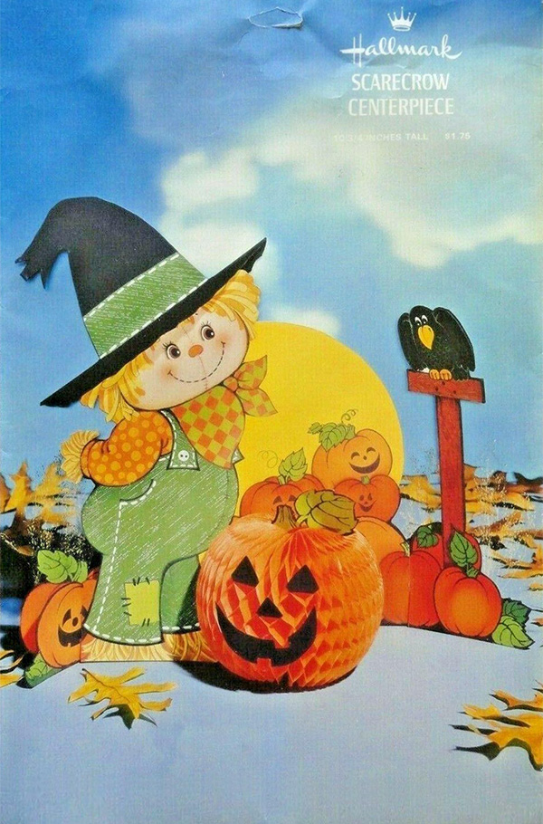 Front envelope of package for Scarecrow Centerpiece by Hallmark circa 1974 is a vintage honeycomb piece discussed here in a blog entry developing vintage data for The Halloween Retrospect, Volume 3 guidebook series. 