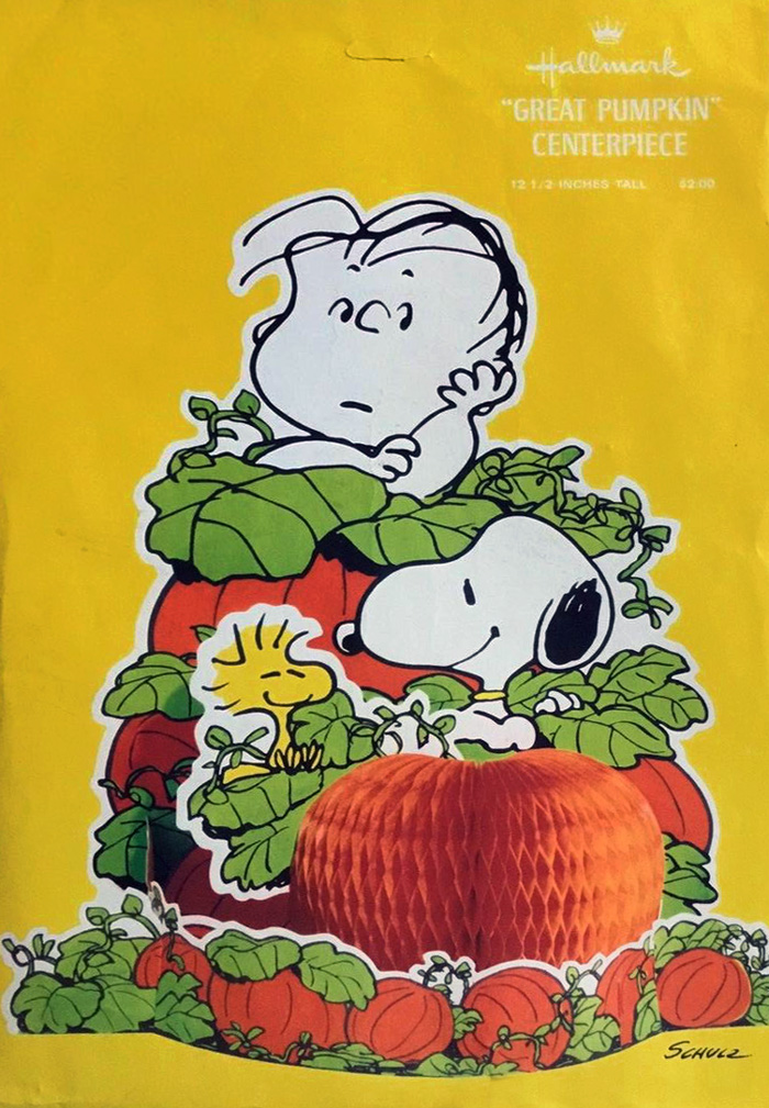 Peanuts Great Pumpkin Centerpiece from the 1970'a is a puzzler because it holds a copyright for United Feature Syndicate which may not necessarily be the same as that of Hallmark Cards - thus giving this a not-so-certain release date for Halloween.