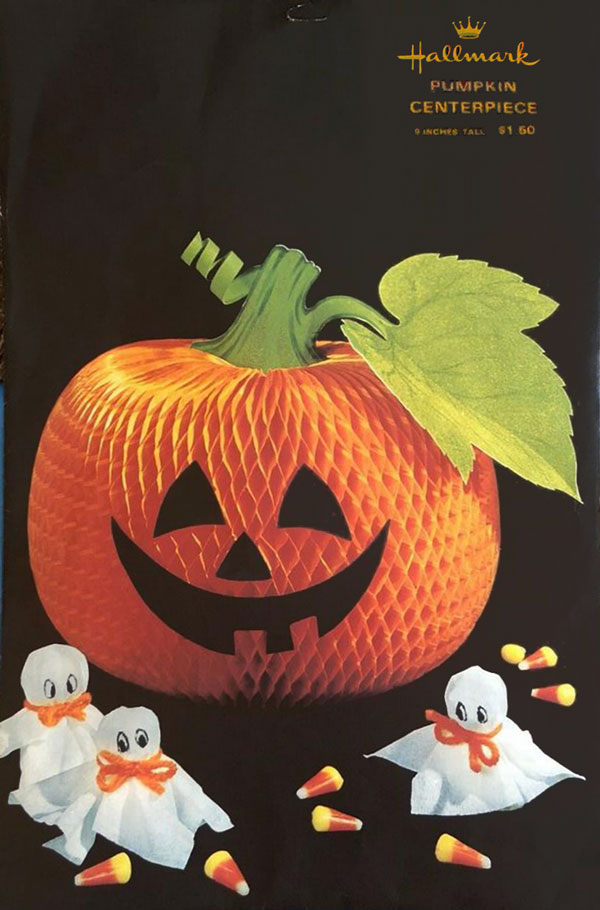 Pumpkin Centerpiece by Hallmark from the 1970's is shown here for a timeline that researches a timeline for vintage collectible based on envelope design for The Halloween Retrospect, Volume 3.