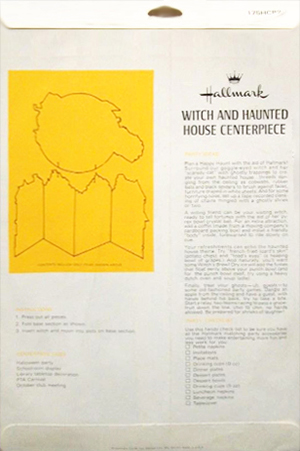 Back envelope of vintage Halloween collectible by Hallmark circa the 1970's - Witch and Haunted House centerpiece shows the general changes in layout that relate to that period of production.