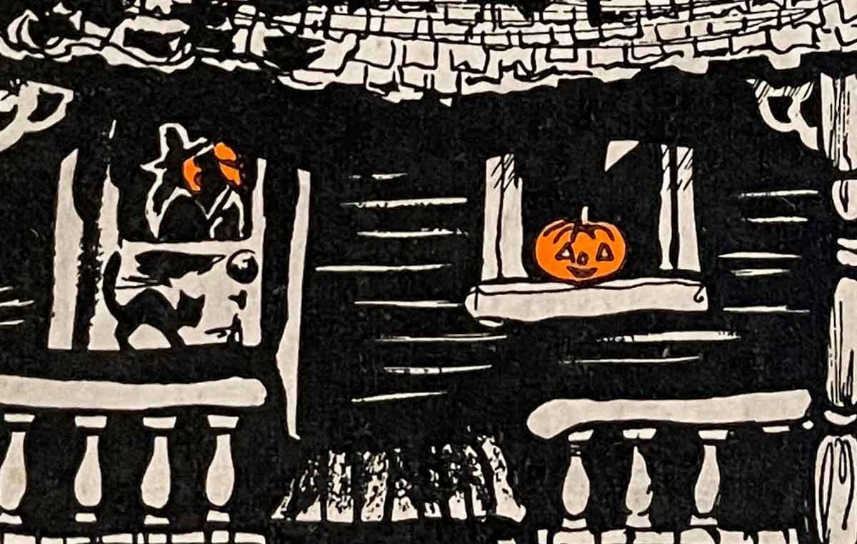 Haunted House vintage Halloween store package featuring illustration with witch, jack o'lantern, and black cat (Hallmark 1950's) for vintage Halloween collectors guidebook identification by The Halloween Retrospect archive librarian.