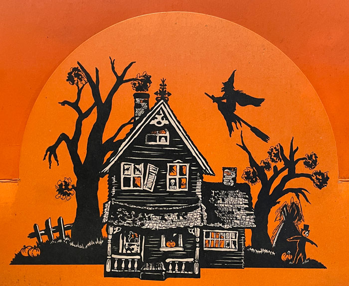 Haunted House vintage Halloween store package featuring illustration with witch, skeleton, jack o'lantern, black cat, and scarecrow under full moon (Hallmark 1950's) helps Halloween collectors as guidebook identification written by The Halloween Retrospect archive librarian.