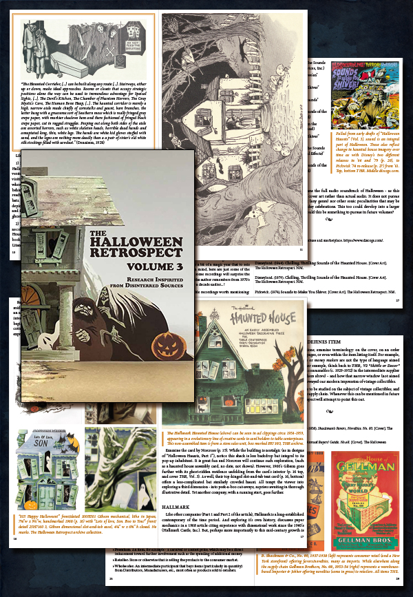 Reference book by vintage Halloween collector, archivist, and librarian is shown here as four page samples from The Halloween Retrospect, Volume 3 featuring a century-long examination of haunted house ephemera with imagery by Beistle, Dennison, Gibson (on the cover), Hallmark (on the poster), Norcross, Whitney, and more.