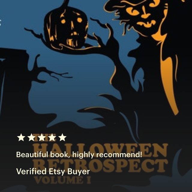 Wicked witch in the woods holds a lit Jack O'Lantern pumpkin at night on this book cover featuring art by Bindlegrim with a 5-star customer review for the book in the foreground. (The Halloween Retrospect, Volume 1).