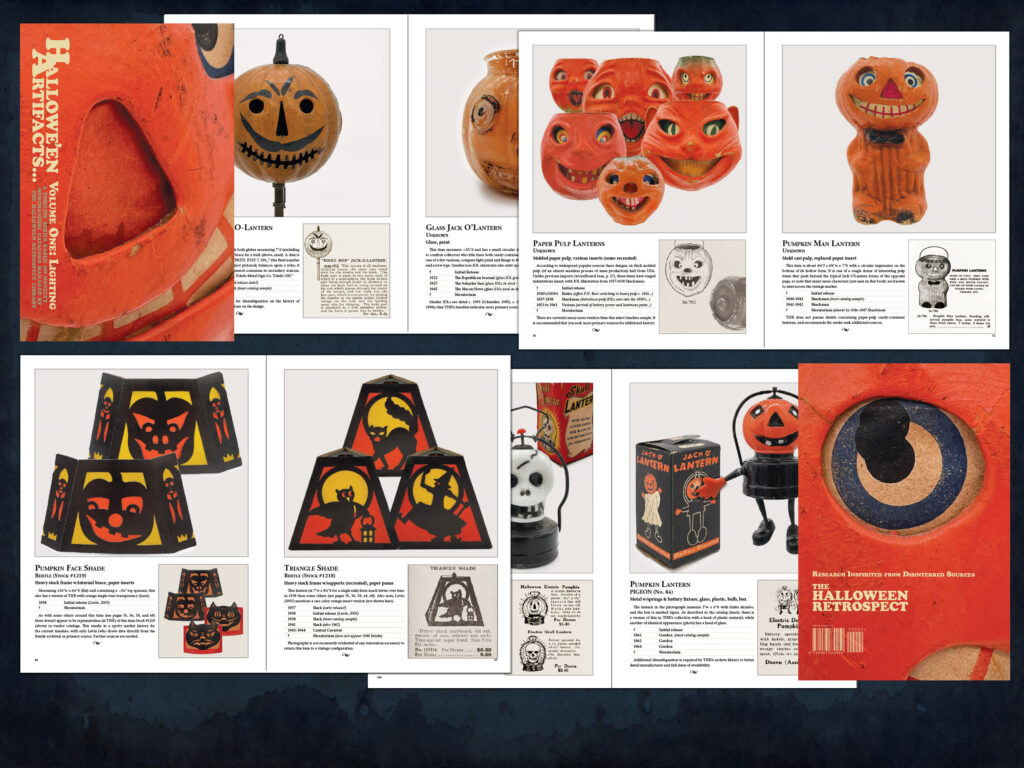 New reference full-color 114-page 8-1/2x11 book from THR archive library is a survey named Halloween Artifacts, Volume 1: Lighting that offers a vintage collector a guide with large images, vintage catalog samples, and a timeline of vintage novelty merchandise catalog dates. (The Halloween Retrospect archive collection).