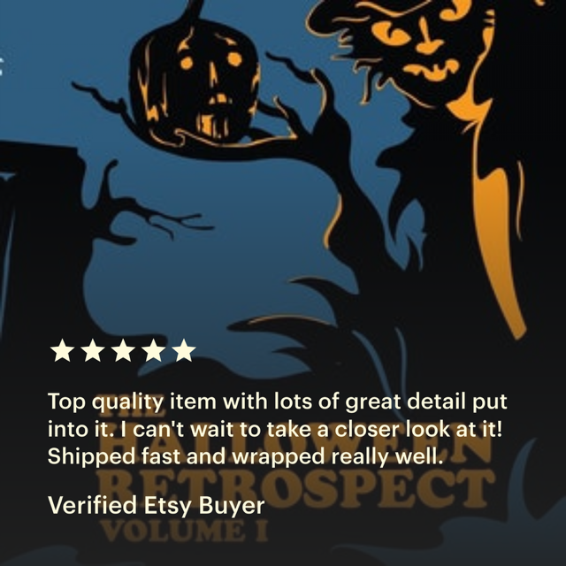 Five-star customer review for sold out first edition of The Halloween Retrospect, Volume 1 from June 2023 - a vintage Halloween collectibles guide for those needing more research data from catalog sources.