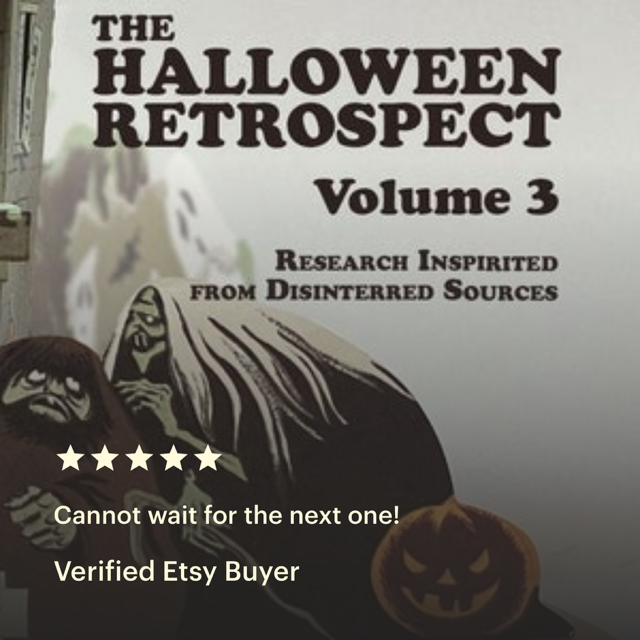 Groovy vintage haunted house on the cover of this 5-star reviewed book by Etsy customers is by The Halloween Retrospect, and Volume 3 features research into collectibles from early 20th-century to mid-century featuring Gibson and Hallmark circa 1950's, 1960's, and 1970's.