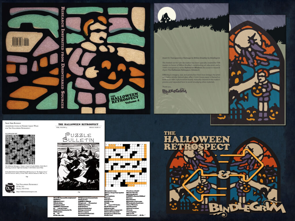 Preview book images of great new vintage Halloween collectibles guide for sale from The Halloween Retrospect archive library - Volume 4 features extensive data for articles about Milton Bradley and more, as well as a new crossword puzzle, and a vintage-style window decoration created special by artist Bindlegrim.