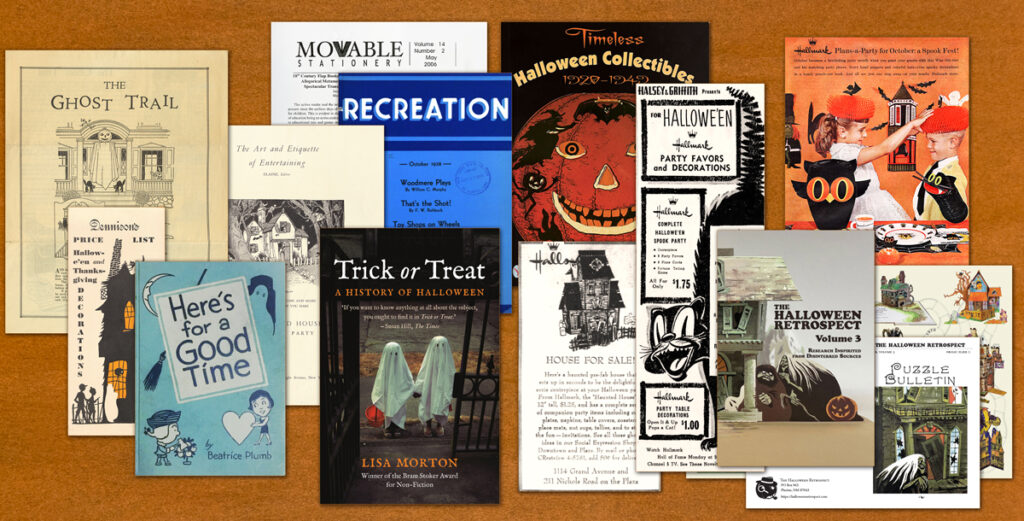 Vintage and new reference books for Halloween research into Haunted House collectibles for an article that includes primary sources by Dennison, Good Housekeeping, Lisa Morton, Claire Lavin, Hallmark newspaper and magazine ads, Moveable Books Society, Recreation magazine and others used by THR archive library.