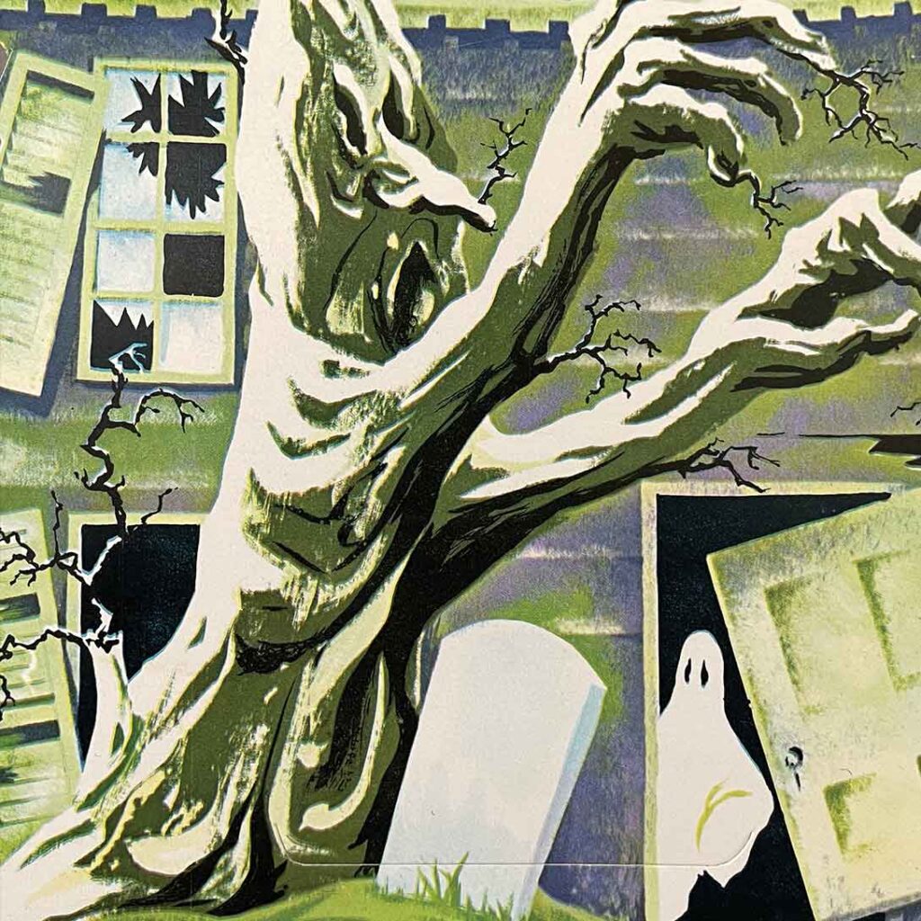 Snippet of art on vintage Halloween collectible paper-tent greeting card mansion by Gibson that features ghosts, haunted trees, and spooky residents inside (from The Halloween Retrospect archive collection).