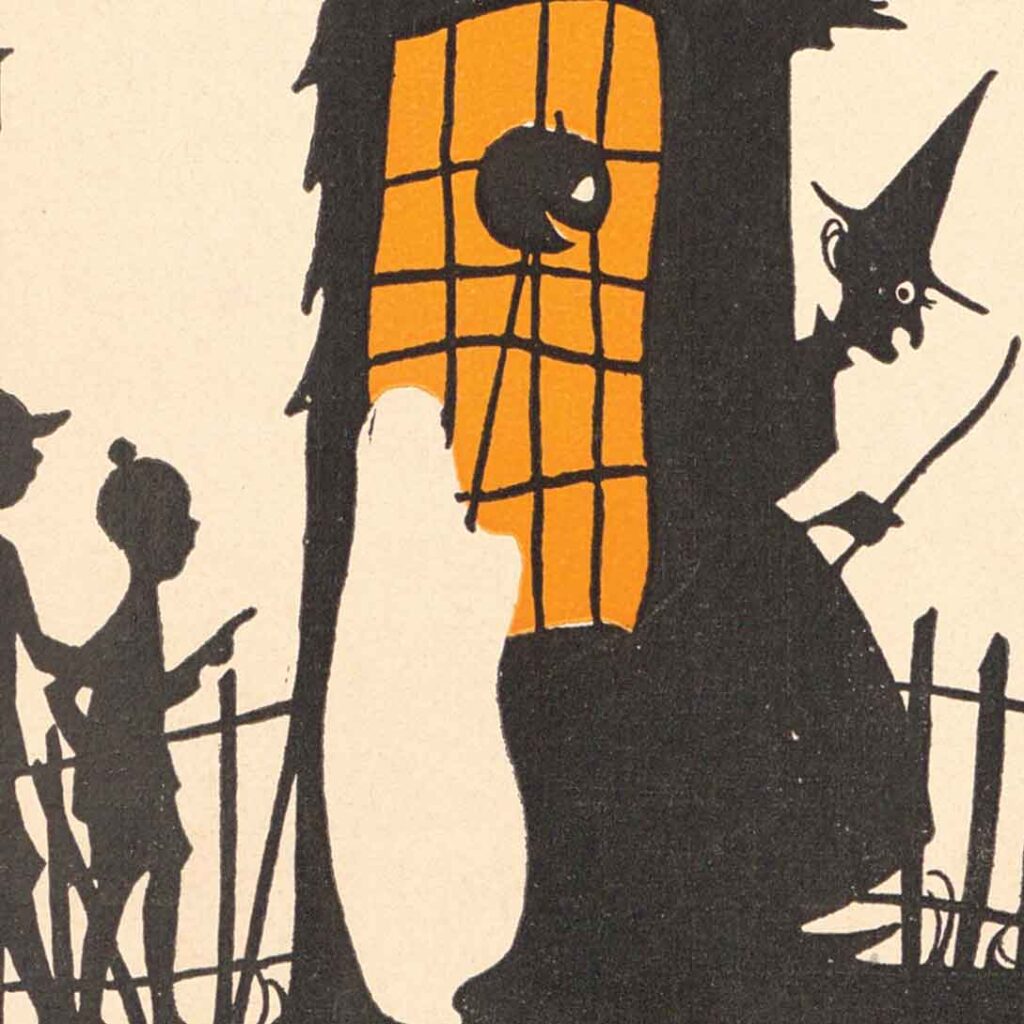 Snipped of cover art illustration from a Dennison MFG Co vintage Halloween 1930 price list featuring a wicked witch cottage and trick or treaters with ghost and parade lantern (from The Halloween Retrospect archive collection).