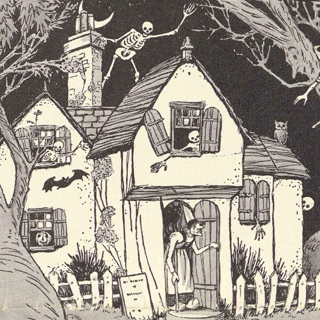 Wonderful black and white Halloween cottage in the woods illustration riddled with skeletons, witches, ghosts, bats, and more, by Mabel Betty Hill for Good Housekeeping ELAINE bulletin circa 1931 (from The Halloween Retrospect archive collection).