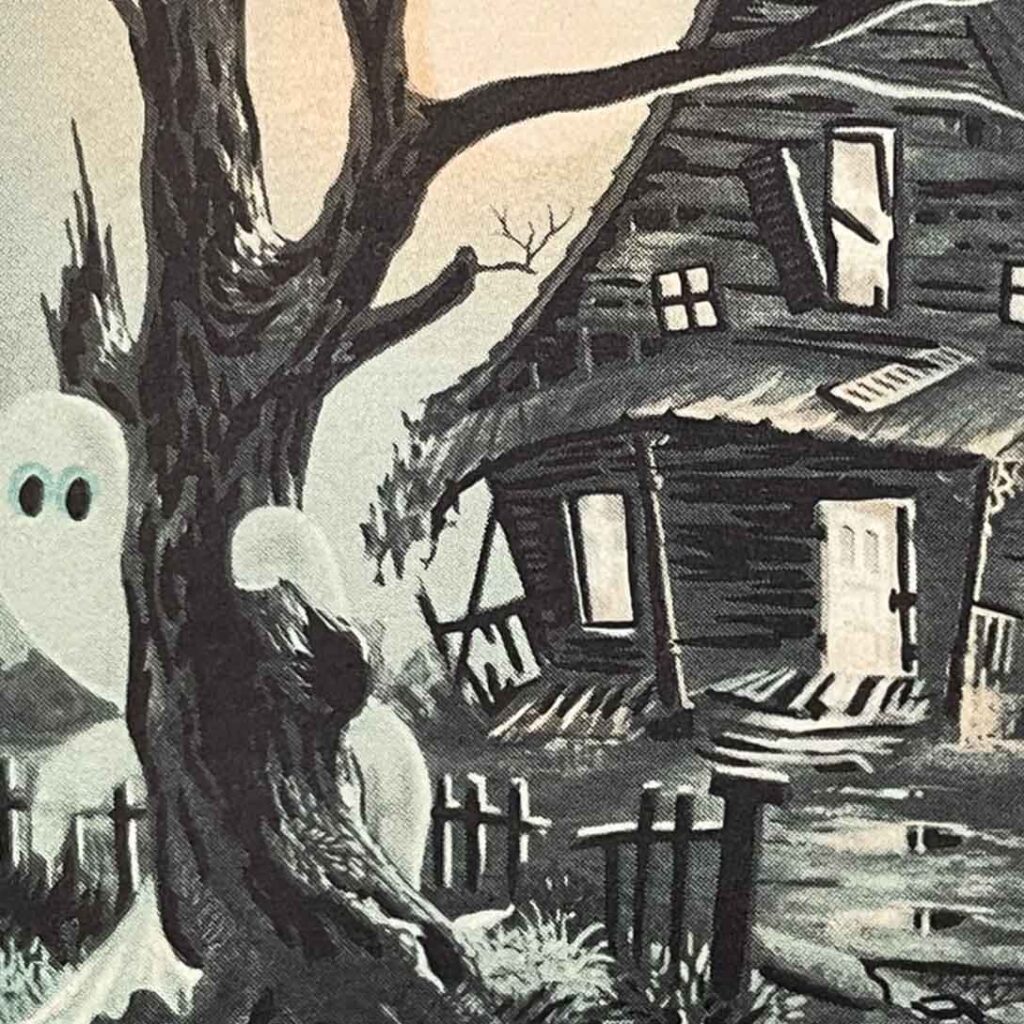 Norcross Halloween collectible greeting card from mid-century features a wood shack and a pop-ghost inside (from The Halloween Retrospect archive collection).