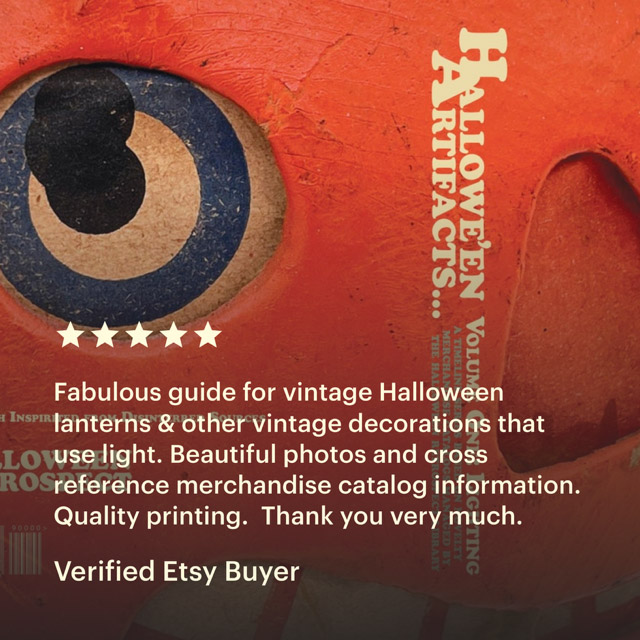 Book reviews for vintage Halloween collectibles guide book reference by The Halloween Retrospect's Halloween Artifacts, Volume 1 - a new large-scale picture-book of antique objects that glow in the dark.