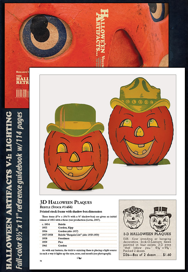 Page sample of new THR book for vintage Halloween collectibles showing cover of Halloween Artifacts, Volume 1: Lighting with page sample of Beistle vintage pumpkins with catalog sample and timelines history - perfect for collectors of old market items.