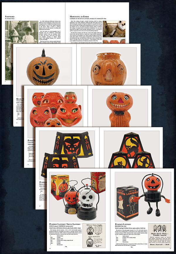 Sneak peek look inside Halloween Artifacts, Volume 1 Lighting (lanterns, shades, and glowing ink) - a new full-color 114 page collectible guidebook with source data on parade lanterns, glass jack-o-lanterns, paper pulp pumpkins, Beistle shades, 1960-1970 plastic novelties, and much more. (The Halloween Retrospect archive library).