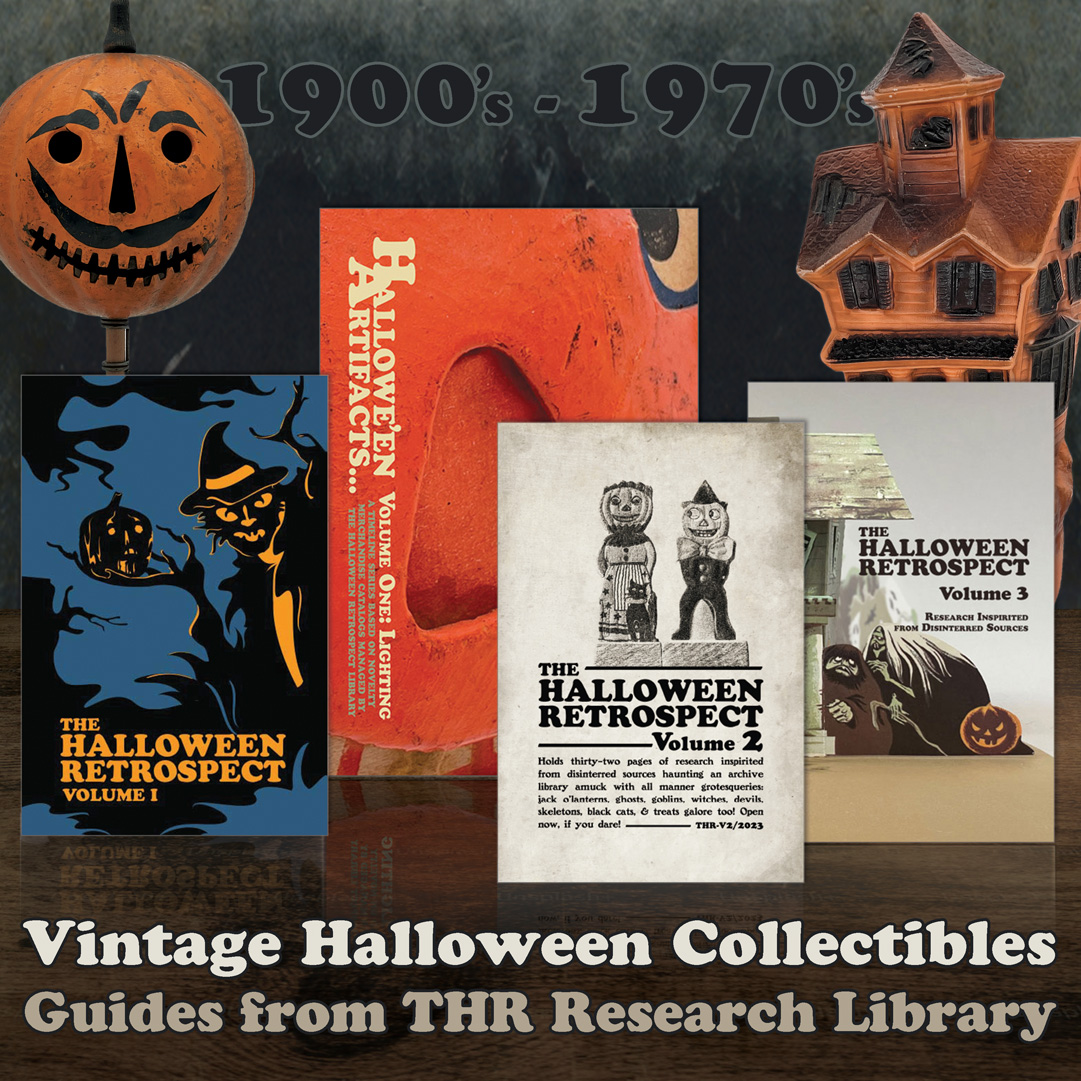 Vintage Halloween Collectibles guide books from THR Research Library (June 2023-Sept 2024) include three digests of articles from the archive librarian, and one large art survey book featuring things that glow-in-the-dark like lanterns, shades, and luminescent diecuts from early 20th-century 1900's to mid-century to the 1970's. (The Halloween Retrospect- collector, researcher, writer, editor, publisher).