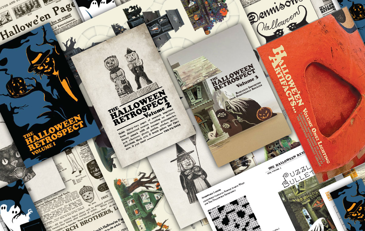 An evolving collection of Vintage Halloween Collectibles book references by The Halloween Retrospect offers guides for collectors, as print publications for sale from the archive library online bookstore - including art books, research digests, posters, postcards, and crossword puzzle games.