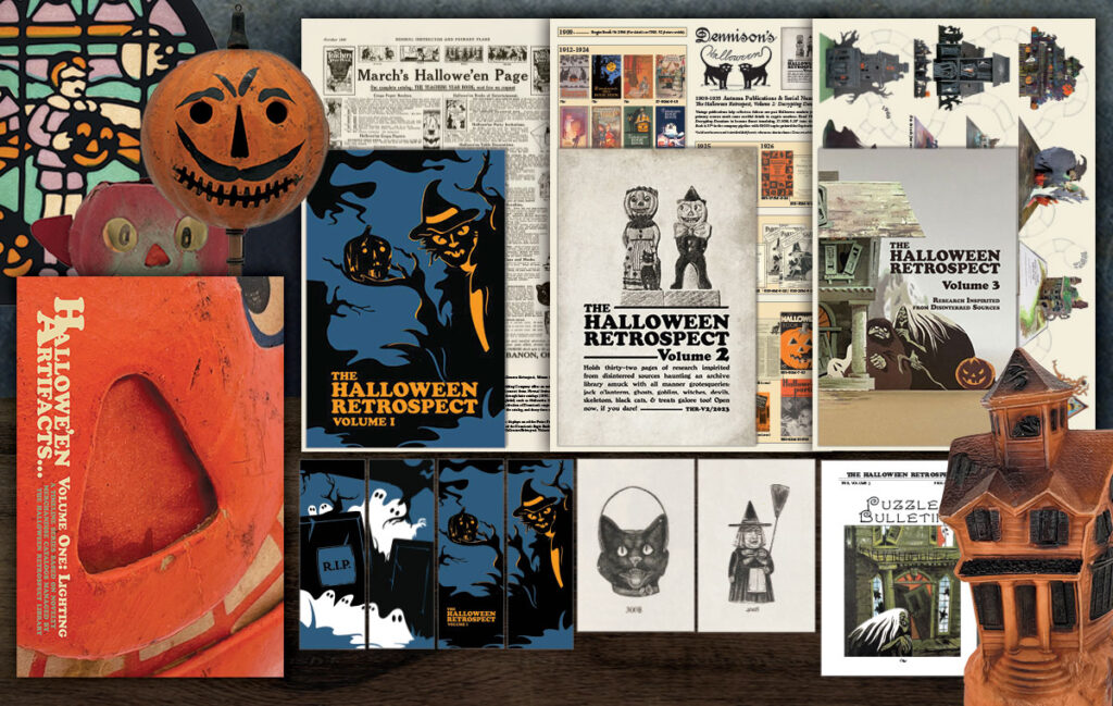 An evolving collection of Vintage Halloween Collectibles book references by The Halloween Retrospect offers guides for collectors, as print publications for sale from the archive library online bookstore - including art books, research digests, posters, postcards, and crossword puzzle games.