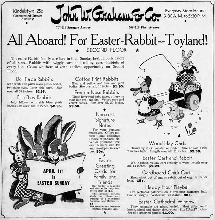 Dates for vintage Halloween collectibles can also come from other holiday items such as Christmas and Easter as in this 1946 newspaper clipping which proves that Cathedral Windows sets are sold in the 1940's with distribution across the nation. 