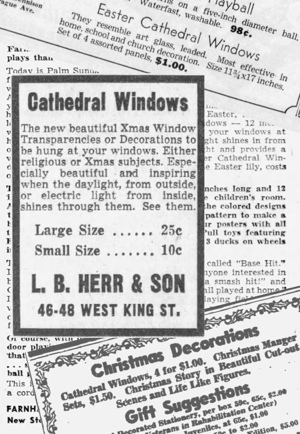 Vintage Halloween Collectibles book by THR uses year-round  newspaper clippings and catalog library to determine age of antique collector items that had Christmas and Easter versions like Cathedral Windows. (The Halloween Retrospect archive library blog).