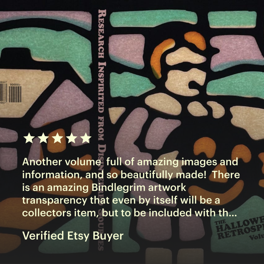 Customer five-star review from etsy bookstore purchase of Vintage Halloween collectibles guide by The Halloween Retrospect, Volume 4 featuring Tessin, Milton Bradley, Cook, Wilcox, and Hill as well as bonus materials like a holiday-themed crossword puzzle and vintage-style Halloween decor by artist Bindlegrim.