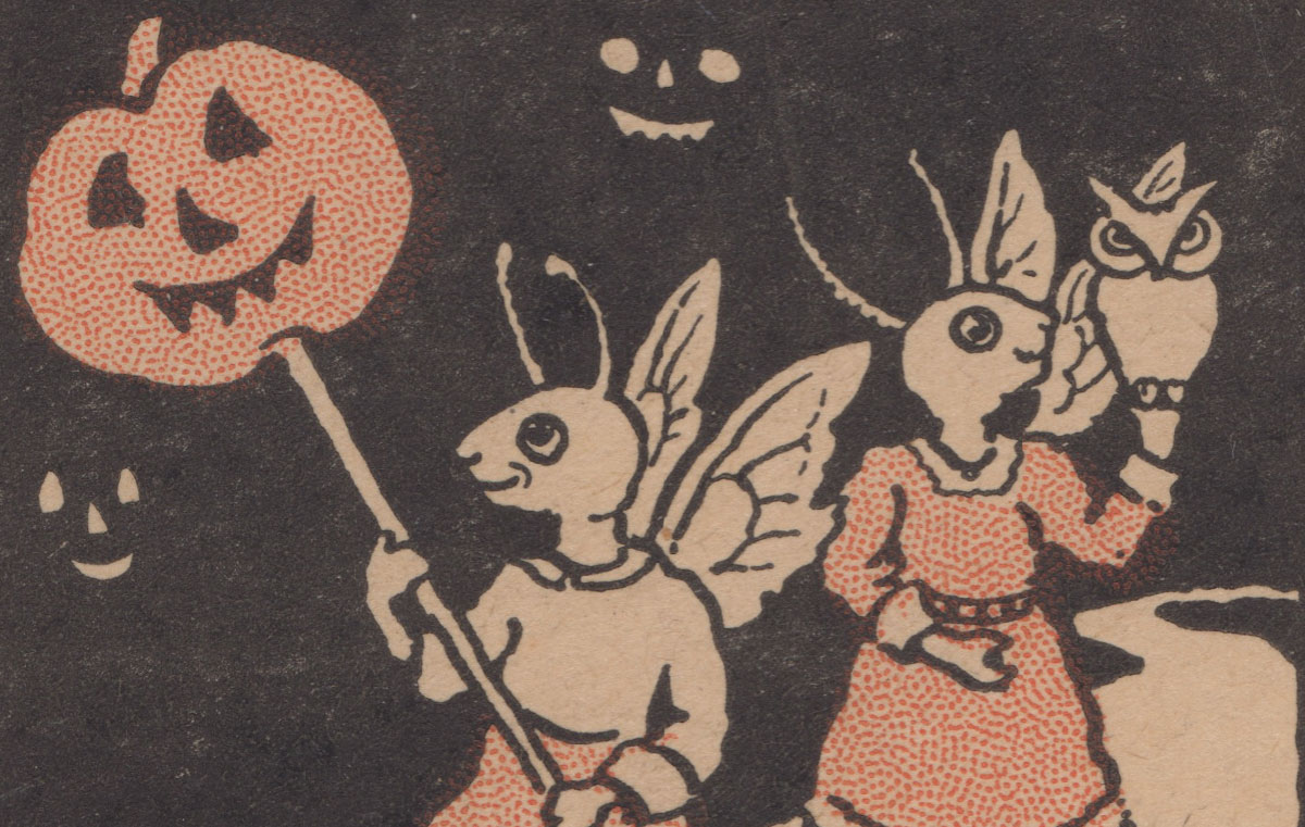 Illustration from envelope of vintage educational materials 1923 Good Ideas for Halloween - Busy Bee Packets for Little Folks - published by The School Arts Magazine - The Davis Press- Worcester, Mass. featuring tear sheets from various years of the magazine including work by Louise D. Tessin as featured in vintage Halloween collectibles guidebook The Halloween Retrospect, Volume 4.
