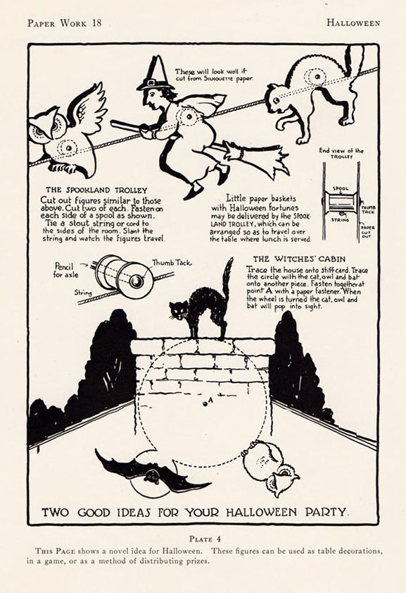 Early vintage Halloween maker project from The School Arts Magazine shows a chimney with owl, witch, and cat on a spool system which makes then appear to pop-up out of the roof. (The Halloween Retrospect archive library collection).