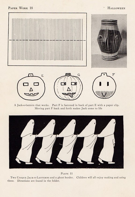 A series of vintage Halloween decorative ideas including a lantern, a mechanical pumpkin face, and ghost graphics for DIY maker projects circa 1923.. (The Halloween Retrospect archive library collection).