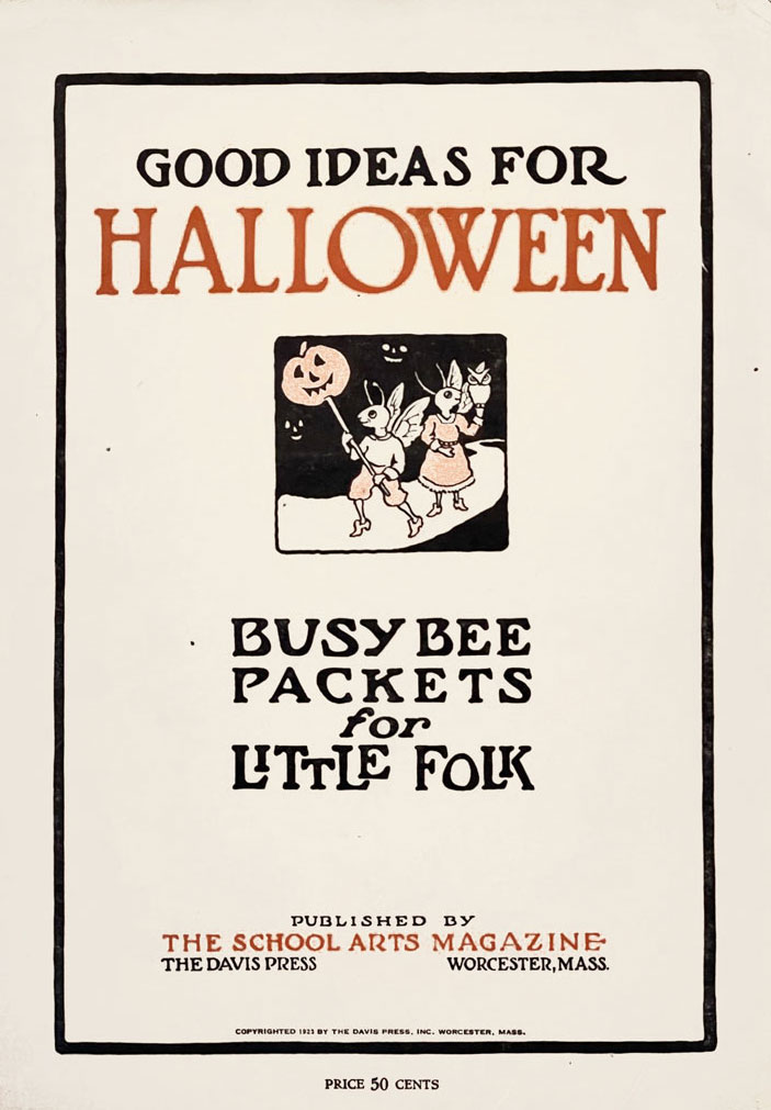 Cover graphic with spot illustration of vintage Halloween collectible of educational history - Good Ideas for Halloween (Busy Bee Packets for Little Folk) by The Davis Press and made available from Milton Bradley. (For more on vintage holiday for schools see The Halloween Retrospect, Volume 4).