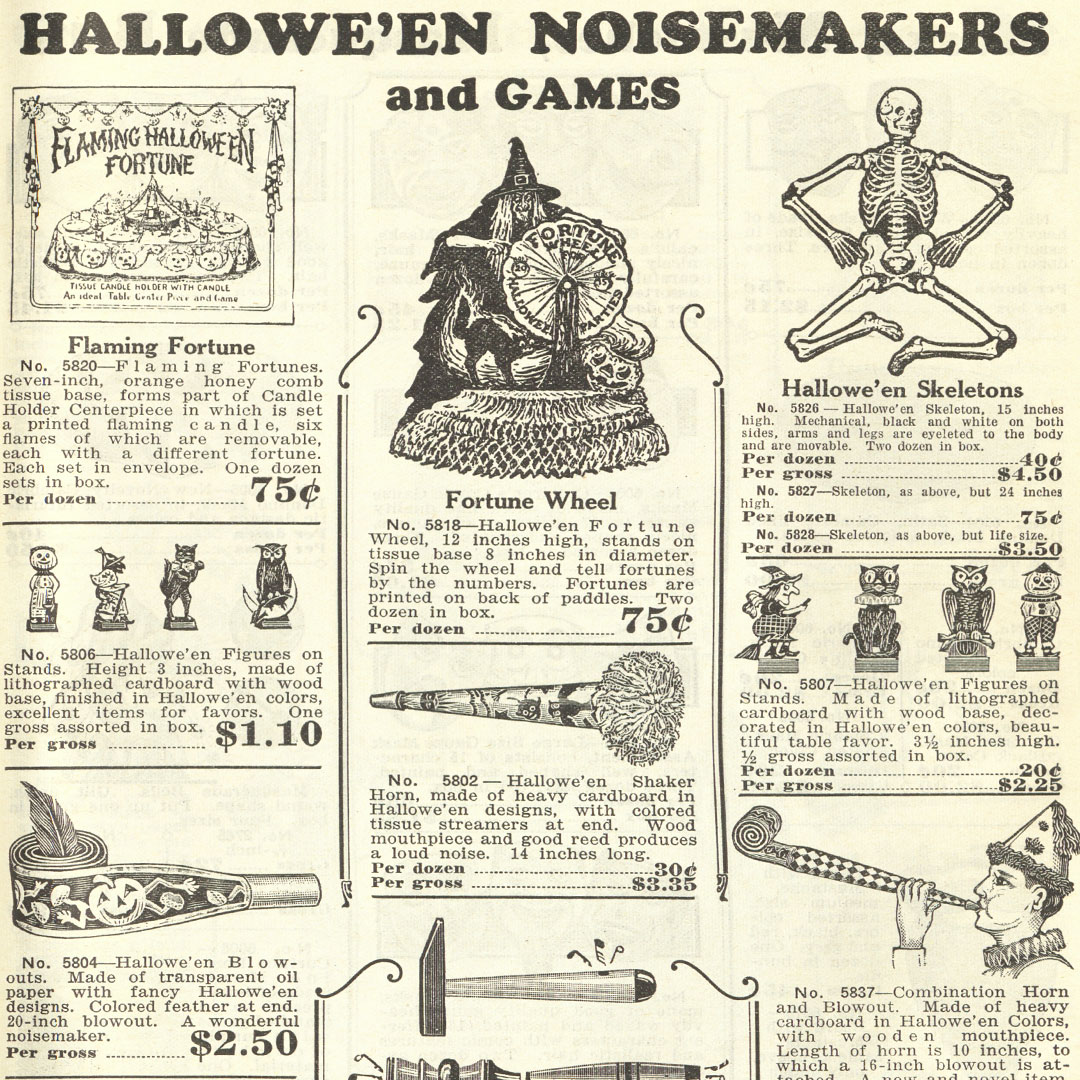 A good vintage Halloween collectibles guide includes THR catalogs references from The Halloween Retrospect archive library - and this one shows an excerpt of 1930 House of Gellman - a supplier to sellers - with stock of German characters (together with noisemakers and Beistle games) on a Games page (not decor) which indicates these are skittles. (See more in research book THR, V2).