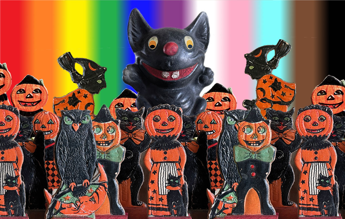 This vintage Halloween collectibles guide, blog, research book series by THR archive library celebrates our great diversity by way of a little miniature pride parade of standee imports that have been riddled with labels. Some of the old times are fun to imagine but we made it here today through competent research and human rights. Let's keep moving forward! (The Halloween Retrrospect).