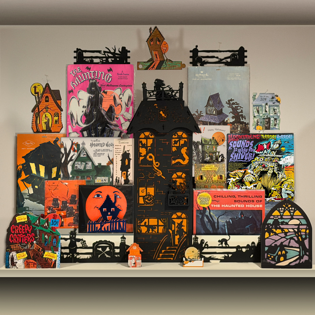 Examples of vintage Halloween haunted houses from 1920's to 1970's by famous holiday novelty companies like Beistle, Dennison, Gibson, Disney and more, shown here with new work by artist Bindlegrim who works frequently to make freebie items for THR publication guidebooks.